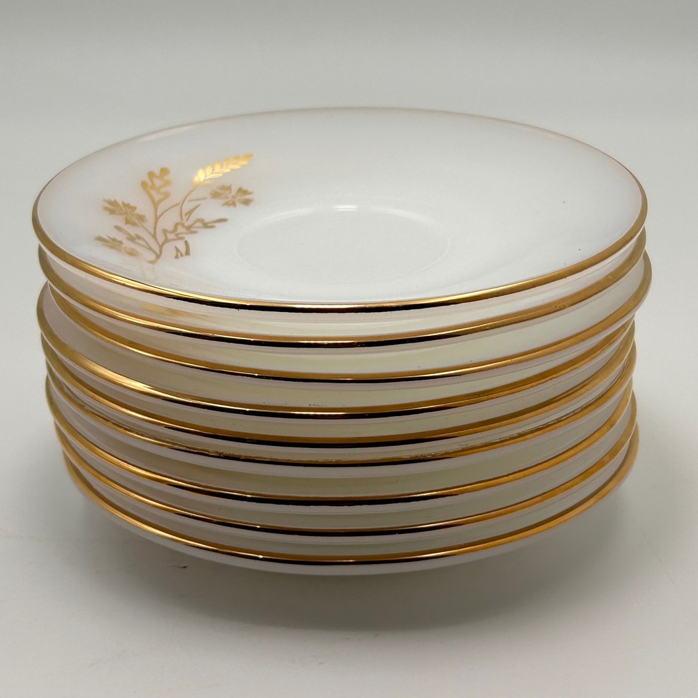 Federal Glass Saucers Set of 9 White Gold Golden Glory Wheat MCM Vintage 6in